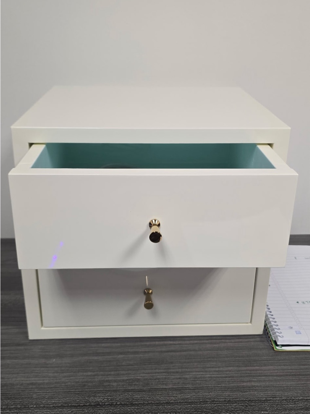 White Two-Drawer Jewelry Organizer with Gold Knobs